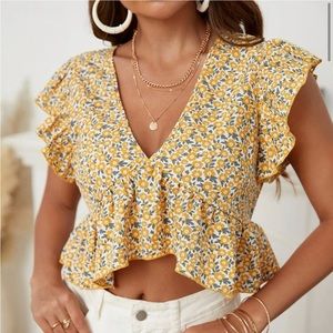 yellow Floral Print Ruffle print top